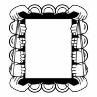 Flat Border frame with glowing scales of justice and raised hands symbolizing fairness and activism with copy space Clean vector