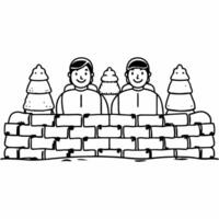 Flat Candid group of friends laughing while building a snow fort Clean vector