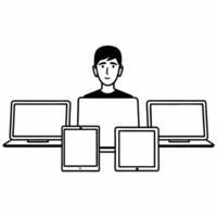 Flat Candid shopper comparing Cyber Monday prices on multiple devices Clean vector