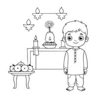 Flat Candid shot of a child admiring a Labh Pancham altar Clean Set 2 vector