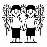 Flat Children playing with glowing sparklers in the backyard with festive decorations and family enjoying Diwali Clean vector