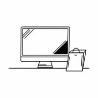 Flat Desktop computer with floating holographic icons and copy space Clean vector