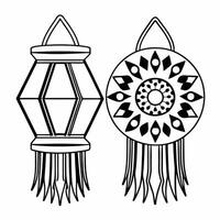Flat Diwali lantern and floating mandala with glowing edges isolated on white background Clean vector