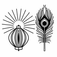 Flat Diwali lantern and floating peacock feather with radiant highlights isolated on white background Clean vector