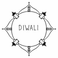 Flat Diwali lanterns and floating peacock feathers border frame with festive wording providing luxurious copy space in the center Clean vector