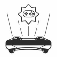 Flat Floating gaming console with holographic controller and discount icon Clean vector