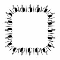Flat Floating dreidels and Hanukkah candles on border frame white copy space Clean vector