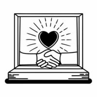 Flat Floating holographic handshake and glowing heart copy space Clean vector