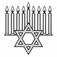 Flat Floating Star of David and menorah candles with glowing effect white background Clean vector
