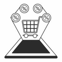 Flat Glossy background of glowing shopping cart with percentage signs for Cyber Monday Clean vector