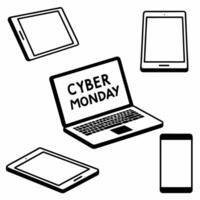 Flat Glossy background of tech products with Cyber Monday price labels and discount signs Clean vector