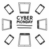 Flat Glossy background with floating tech devices and glowing Cyber Monday banner Clean vector
