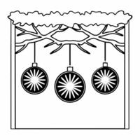 Flat Glossy Christmas ornaments hanging on a snowy tree branch Clean vector