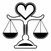 Flat Glossy purple background with glowing heart and justice scales copy space for rights message Clean vector