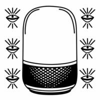 Flat Glossy smart speaker with holographic Diwali lanterns and floating diyas isolated on white background with copy space Clean vector