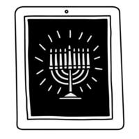 Flat Glossy tablet with holographic menorah and Hanukkah donuts isolated white background Clean vector