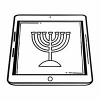 Flat Glossy tablet with holographic menorah and Hanukkah donuts isolated white background Clean Set 2 vector