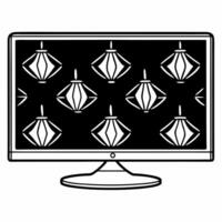 Flat Glossy TV screen with holographic Diwali lanterns and floating diyas isolated on white background with copy space Clean vector