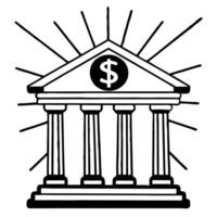 Flat Glowing holographic bank building and dollar sign floating on a glossy white surface with ample copy space Clean vector