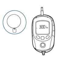 Flat Holographic CGM Continuous Glucose Monitor and blue circle concept as A futuristic image featuring a holographic CGM device and a blue circle both isolated on a white backgrou Squre Set 2 vector