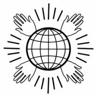 Flat Holographic globe with raised hands glowing background white copy space concept as A holographic globe with raised hands surrounding it floating in mid air with a glowing back Squre vector