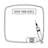 Flat Insulin syringe and glucose meter border frame with Check Your Levels text concept as A professional border frame featuring an insulin syringe and a glucose meter positioned a Squre vector