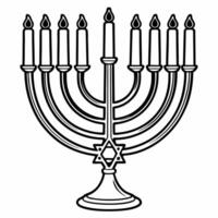 Flat Menorah with glowing holographic candles and dreidel on isolated white background concept as A glossy menorah with holographic glowing candles accompanied by a dreidel isolate Squre vector