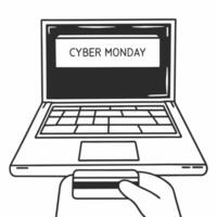 Flat Plain background of a laptop and credit card with Cyber Monday banner concept as A plain background featuring a sleek laptop an outstretched hand holding a credit card and a C Squre vector