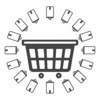 Flat Plain background with shopping cart icon and Cyber Monday price tags concept as A plain background showcasing a large shopping cart icon with floating Cyber Monday price tags Squre Set 2 vector