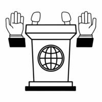 Flat Podium with a globe and raised hands symbolizing global unity and human rights with ample copy space concept as A podium featuring a globe at the center with raised hands surr Squre vector