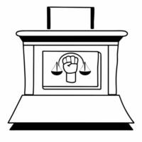Flat Podium with a raised fist and scales of justice symbolizing activism and fairness for Human Rights Day concept as A podium featuring a raised fist and glowing scales of justic Squre vector
