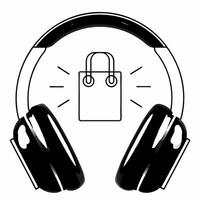 Floating headphones with holographic discount icon and shopping bag concept as A pair of glossy floating headphones on a white background accompanied by a glowing holographic disco Squre vector
