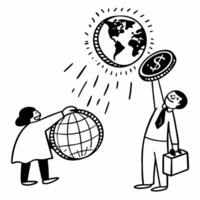 Floating holographic coins and a globe on a glossy white background with ample copy space concept as A global image featuring glowing holographic coins and a floating globe both is Squre vector