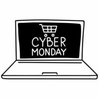 Floating laptop with holographic shopping cart and sale banner concept as A sleek laptop floats against a white background with a glowing holographic shopping cart and a Cyber Mond Squre vector