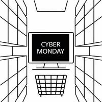 Floating shopping cart and glowing Cyber Monday banner frame with copy space concept as A floating shopping cart and a glowing Cyber Monday banner create a sleek border frame with Squre vector