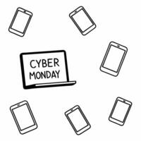 Glossy background of floating tech gadgets with Cyber Monday discounts concept as A glossy background with floating tech gadgets surrounded by glowing Cyber Monday discount labels Squre vector