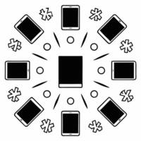 Glossy background of floating tech devices with glowing percentages for Cyber Monday concept as A glossy background with floating tech devices surrounded by glowing percentage icon Squre vector