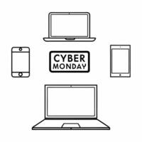 Glossy background of tech products with Cyber Monday price labels and discount signs concept as A glossy background featuring tech products such as laptops tablets and smartphones Squre vector