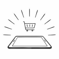 Glossy tablet with floating credit card and holographic shopping cart concept as A glossy tablet floats above a white background with a holographic shopping cart and a glowing cred Squre vector