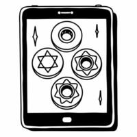Glossy smartphone with holographic Hanukkah coins and Star of David isolated white concept as A modern smartphone with a holographic display featuring glowing Hanukkah coins and a Squre Set 3 vector