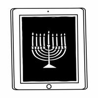 Glossy tablet with holographic menorah and Hanukkah donuts isolated white background concept as A sleek tablet displaying a holographic menorah and Hanukkah donuts offering a moder Squre vector