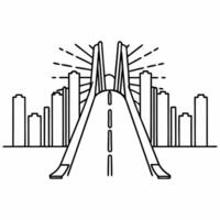 Glowing skier jumping over a radiant bridge in a neon winter cityscape concept as A glowing skier leaps over a radiant bridge in an abstract neon lit winter cityscape surrounded by Squre vector