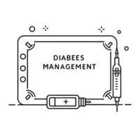 Glucose meter and insulin syringe border frame with Diabetes Management text concept as A modern border frame featuring a glucose meter and an insulin syringe at opposite corners w Squre vector