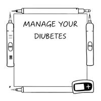 Glucose test strip and lancet border frame with Manage Your Diabetes text concept as A simple yet effective border frame featuring a glucose test strip and a lancet at opposite cor Squre vector