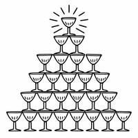 Holographic Champagne Pyramid concept as Medium shot of a holographic champagne pyramid with glowing glasses set against a plain white background with copy space Camera highlights Squre vector