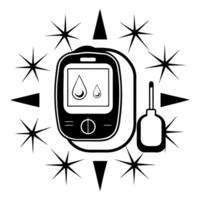 Holographic diabetes care app and blood sugar test strips concept as A sleek and glossy image featuring a holographic diabetes care app interface and blood sugar test strips both i Squre Set 2 vector