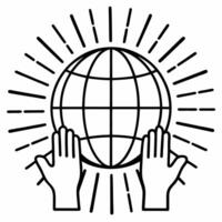 Holographic globe with raised hands glowing background white copy space concept as A holographic globe with raised hands surrounding it floating in mid air with a glowing backgroun Squre vector
