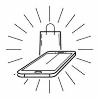 Holographic smartphone with glowing shopping bag concept as A glossy smartphone floating mid air with a holographic glow accompanied by a shopping bag symbolizing Cyber Monday deal Squre vector
