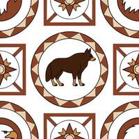 Incorporate North American wildlife such as bison coyotes and bald eagles into a seamless tile pattern with rustic earthy colors and geometric designs Clean vector