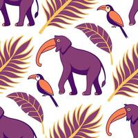 Integrate tropical fauna from Southeast Asia into a seamless tile design featuring monkeys elephants and exotic birds in rich colors and patterns Clean vector